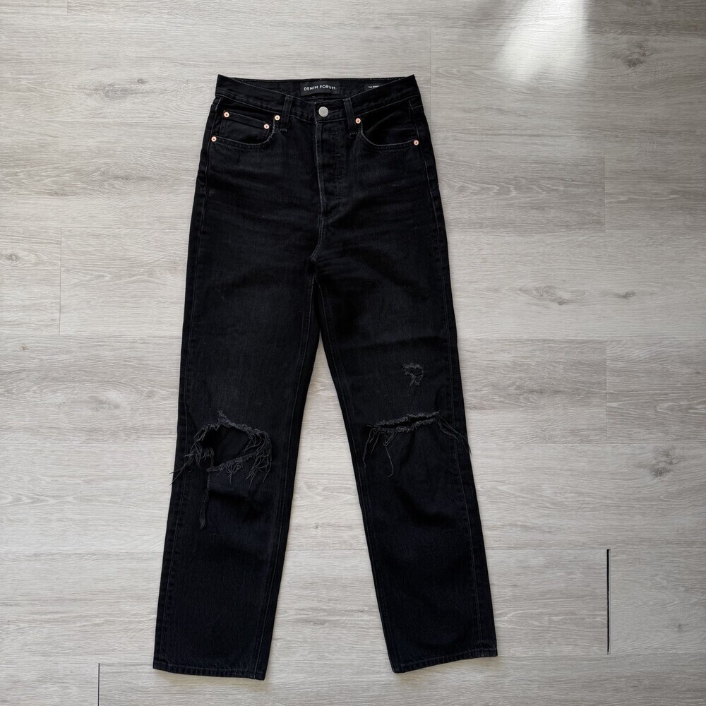 Denim Forum THE BONET High Rise Loose Jeans Black Button Fly Distressed Size 24